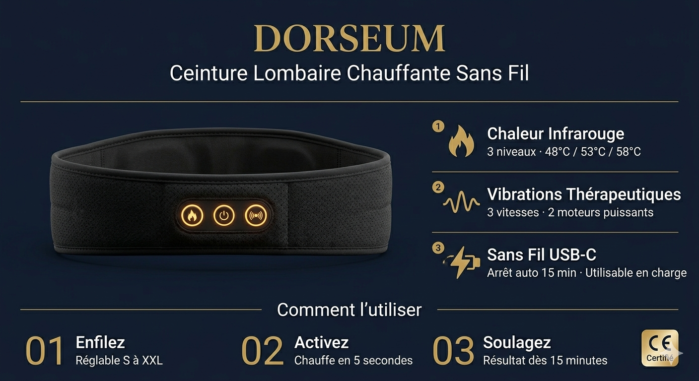 DORSEUM — Infographie : 48°C·53°C·58°C · 3 vibrations · Arrêt 15 min