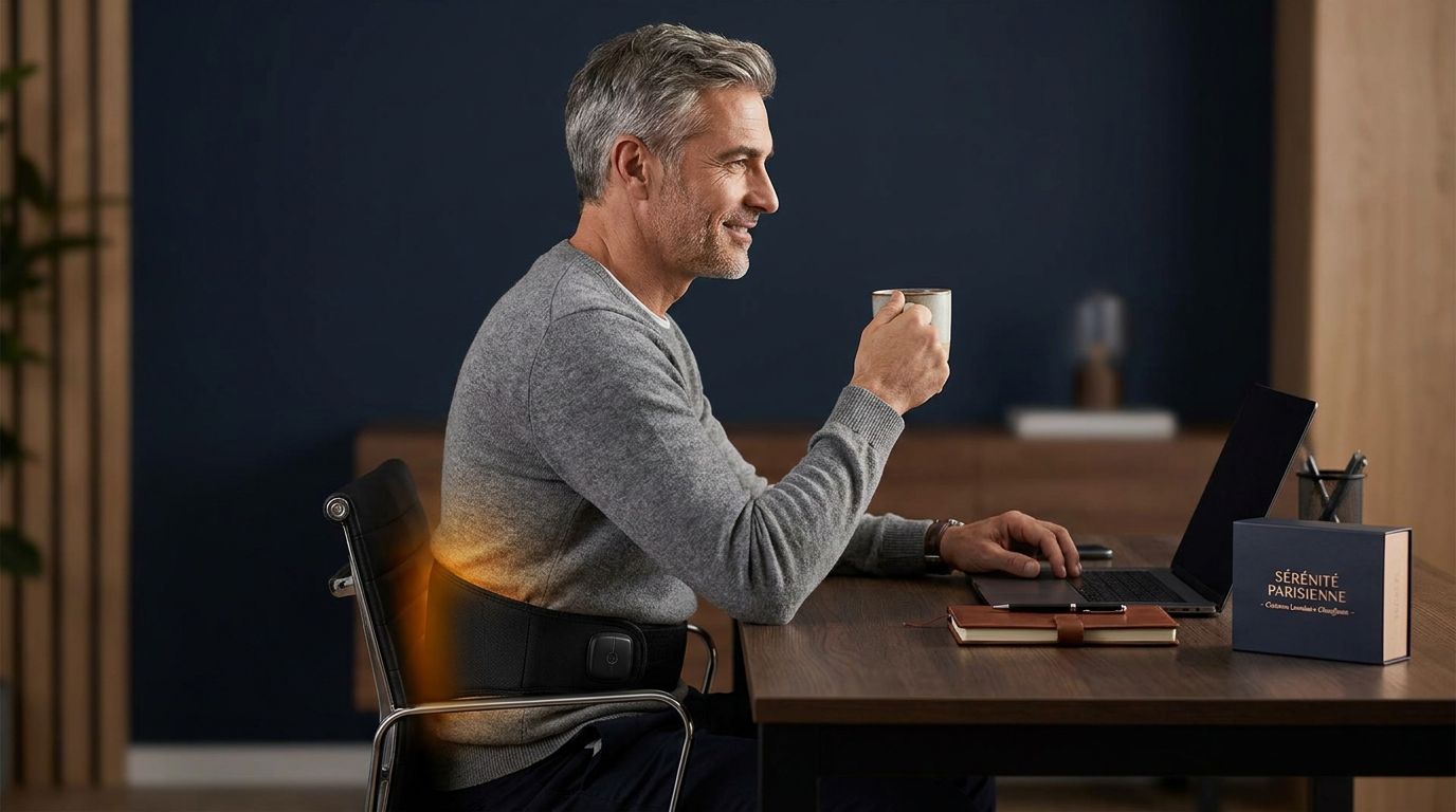 Homme au bureau portant la ceinture lombaire chauffante DORSEUM
